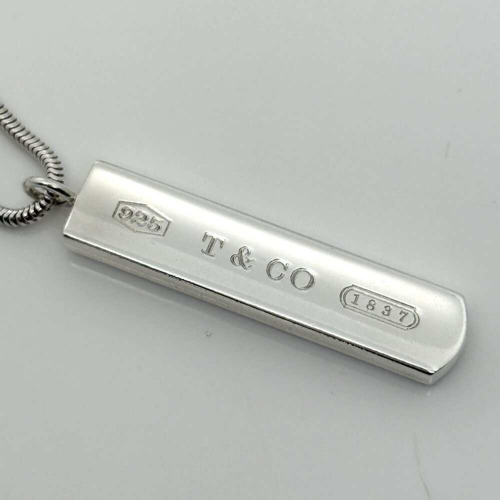Tiffany & Co. 1837 Bar Dog Tag Pendant 18" Necklace Silver Snake Chain